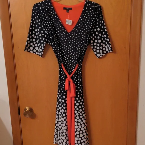R&K | Dresses | Womens Blackcoral Polka Dot Dress Ruched Waistline Fit And  Flare Style | Poshmark